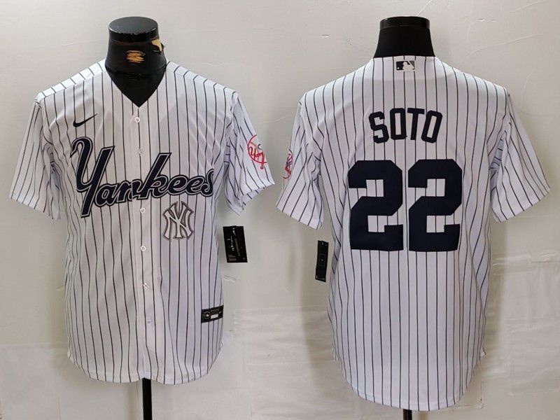 Men New York Yankees #22 Soto White stripe Three generations of joint names Nike 2024 MLB Jersey style 4